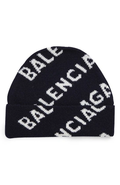 Shop Balenciaga Logo Jacquard Wool Beanie In Navy/ White