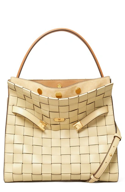 Shop Tory Burch Lee Radziwill Woven Leather Double Bag In Buttermilk
