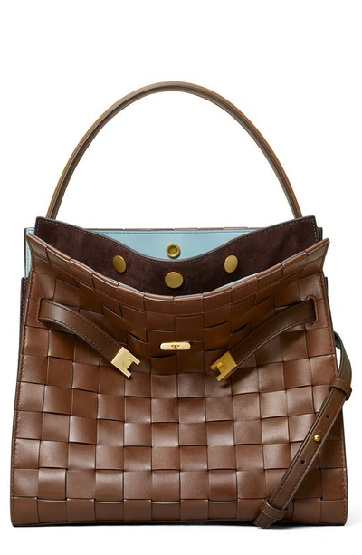 Shop Tory Burch Lee Radziwill Woven Leather Double Bag In Cold Brew