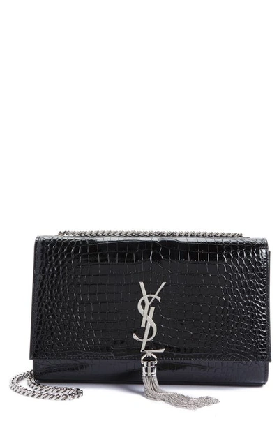 Shop Saint Laurent Medium Kate Tassel Croc Embossed Calfskin Leather Crossbody Bag In Noir