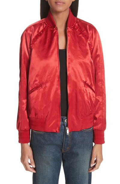 Shop Valentino Rockstud Satin Bomber Jacket In Red