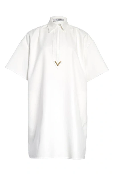 Shop Valentino Logo Split Neck Cotton Shirtdress In White