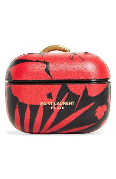 Shop Saint Laurent Tropical Print Leather Airpods Pro Case In Nero/ Rouge/ Black Matte