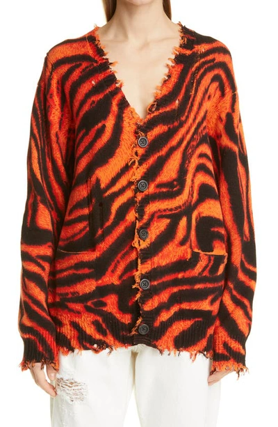 Shop R13 Zebra Print Distressed Oversize Cotton Cardigan In Orange Zebra