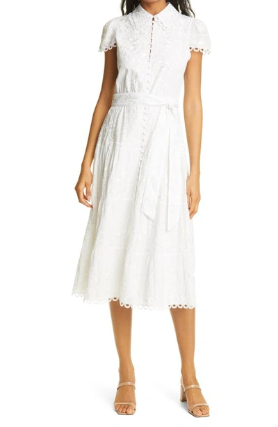 Shop Alice And Olivia Vannessa Embroidered Belted Cotton Midi Dress In Off White