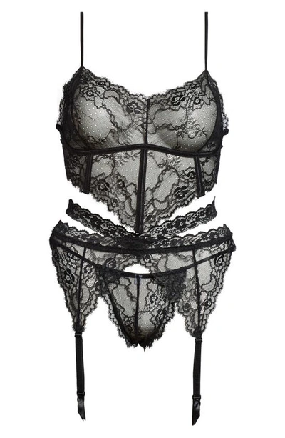 Shop Coquette Lace Bra, Garter Belt & G-string Thong Set In Black