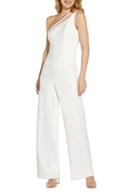 Shop Adrianna Papell Beaded One-shoulder Crepe Jumpsuit In Ivory