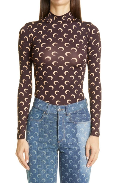 Shop Marine Serre Fitted Moon Print Mock Neck Top In Brown With Tan Print
