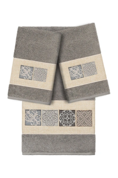 Linum Home 100% Turkish Cotton Vivian 3-pc. Embellished Bath And Hand Towel Set Bedding In Dark Gray
