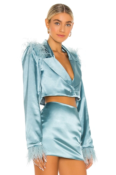 Shop Danielle Guizio Feathered Double Breasted Cropped Blazer In Sea Foam