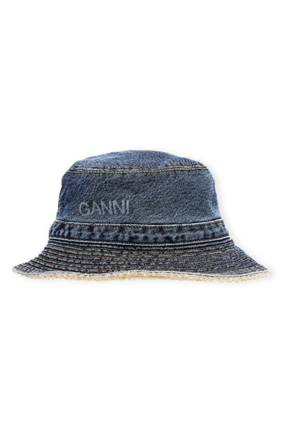 Shop Ganni Logo Organic Cotton Bucket Hat In Denim