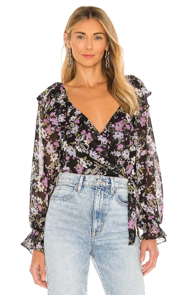 Shop Astr Peresphone Floral Wrap Bodysuit In Black & Lilac Multi Floral