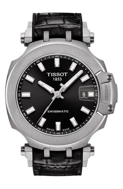Shop Tissot T-sport Automatic Leather Strap Watch, 48mm In Black / Silver