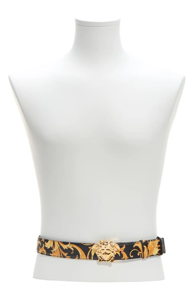 Shop Versace Barocco Medusa Head Buckle Leather Belt In Black Gold-black-warm Gold