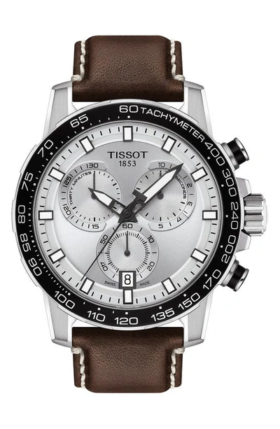 Shop Tissot Supersport Chronograph Leather Strap Watch, 45.5mm In Brown/ Silver