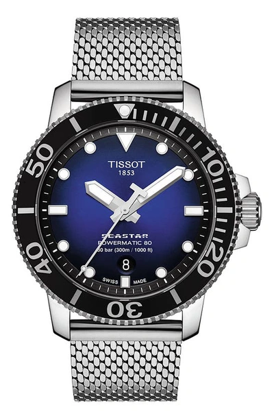 Shop Tissot Seastar 1000 Powermatic 80 Mesh Bracelet Watch, 43mm In Silver/ Blue