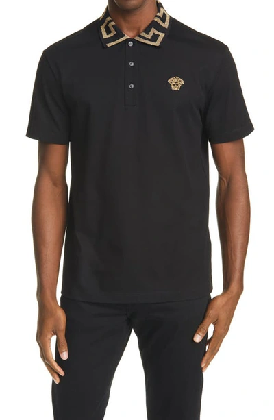 Shop Versace Metallic Medusa Appliqué Cotton Polo Shirt In Black