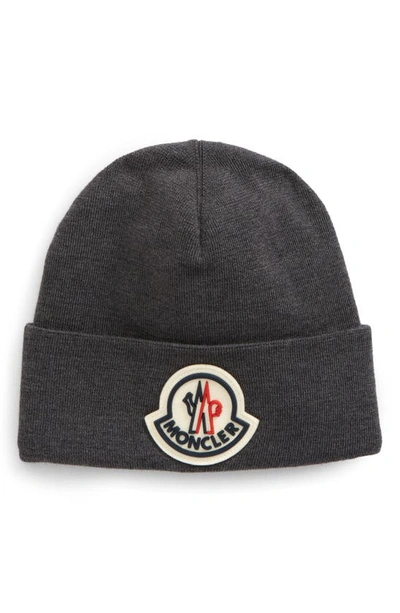 Shop Moncler Logo Patch Wool Beanie In Charcoal