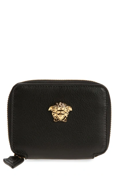 Shop Versace La Medusa Zip Around Leather Card Wallet In Black- Gold