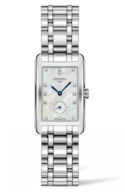 Shop Longines Dolcevita Diamond Bracelet Watch, 23mm X 37mm In Silver/ Mop/ Silver