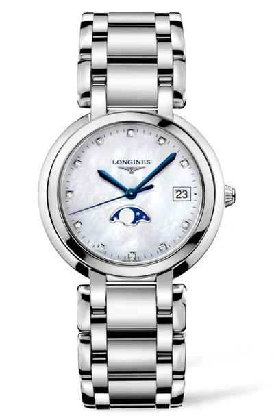 Shop Longines Primaluna Diamond Bracelet Watch, 30mm In Silver/ Mop/ Silver