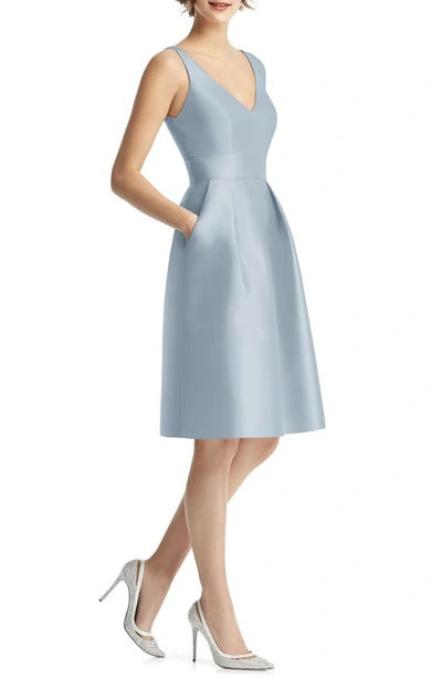 Shop Alfred Sung V-neck Satin Cocktail Dress In Mist