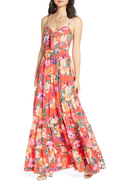 Shop Eliza J Floral Tie Front Tiered Maxi Sundress In Orange