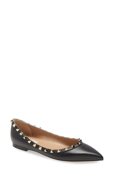 Shop Valentino Rockstud Pointed Toe Flat In Black Leather