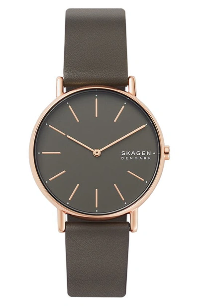 Shop Skagen Signatur Leather Strap Watch, 38mm In Grey/ Rose Gold