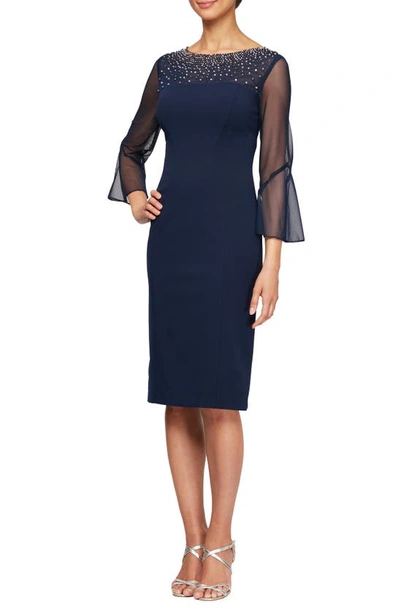 Shop Alex Evenings Embellished Illusion Neck Sheath Dress In Navy/ Silver