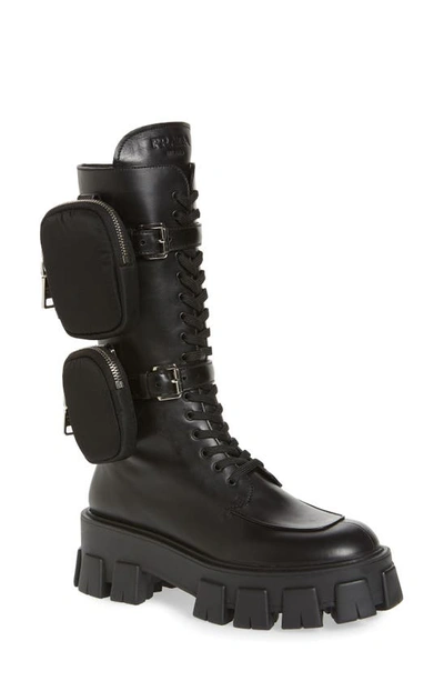 Shop Prada Monolith Mini Bag Knee High Boot In Black
