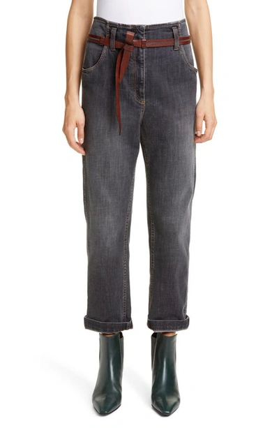 Shop Brunello Cucinelli High Waist Straight Leg Jeans With Leather Belt In Dark Wash Denim