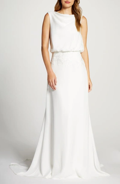 Shop Tadashi Shoji Blouson Crepe Wedding Gown In Ivory