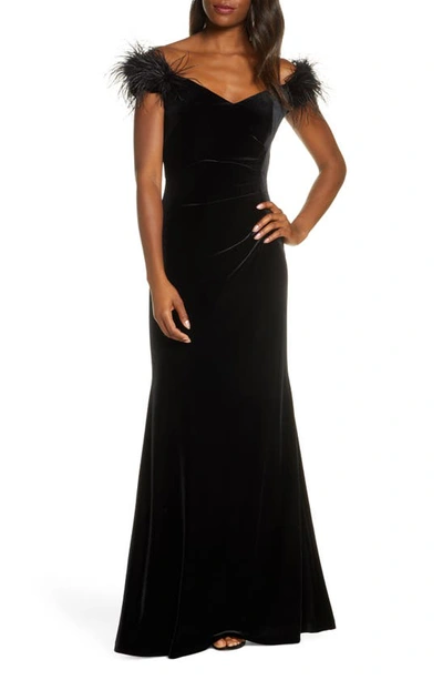 Shop Eliza J Feather Detail Velvet Mermaid Evening Gown In Black