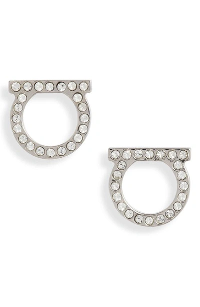 Shop Ferragamo Salvatore  Medium Pavé Gancio Stud Earrings In Silver/ Crystal