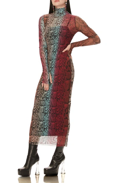Shop Afrm Shailene Long Sleeve Print Mesh Dress In Snake Ombre