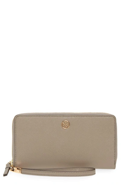 Shop Tory Burch Robinson Zip Leather Continental Wallet In Gray Heron