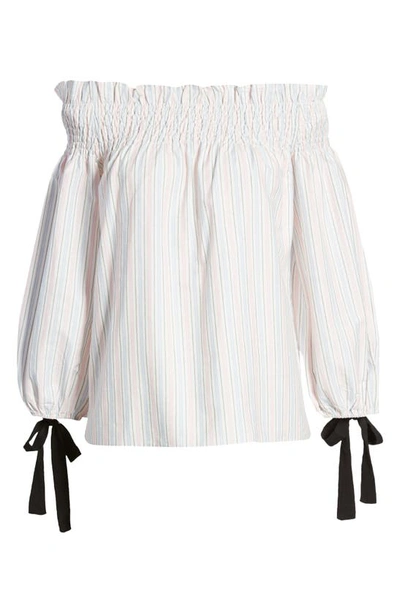 Shop English Factory Stripe Off The Shoulder Top In Blue/ Pink Stripe