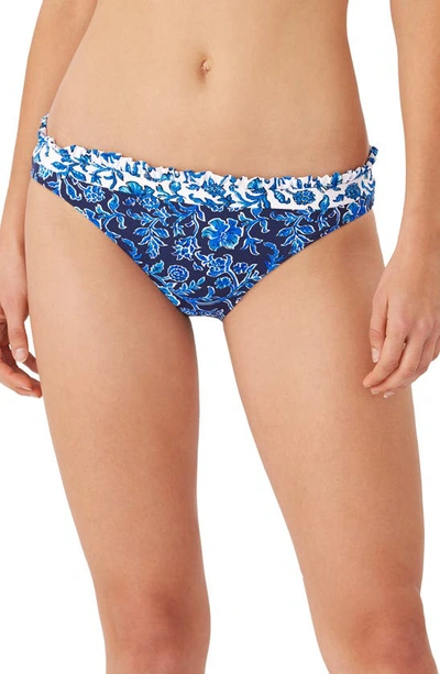 Shop Tommy Bahama Woodblock Reversible Hipster Bikini Bottoms In Mare Navy