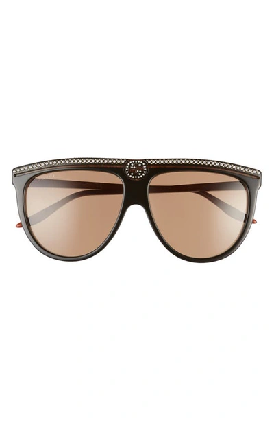 Shop Gucci 61mm Crystal Embellished Aviator Sunglasses In Bilayer Black/ Brown