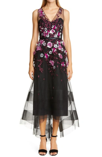 Shop Marchesa Notte Embellished Tulle High/low Gown In Midnight