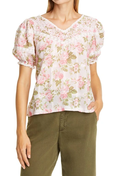 Shop Loveshackfancy Concord Floral Print Top In Pink Painted Fence