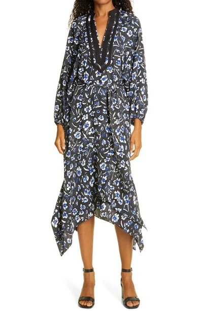 Shop Tory Burch Floral Print Puff Long Sleeve Tunic Dress In Midnight Teapot