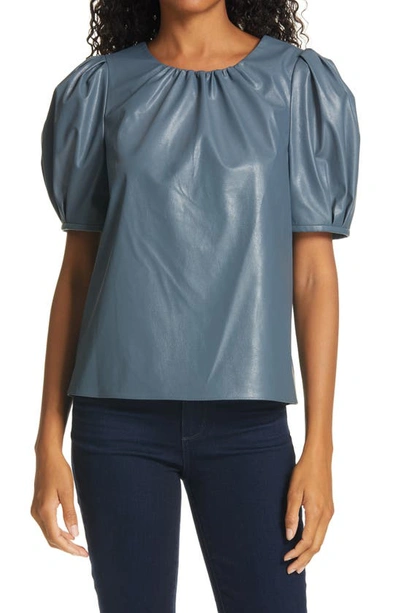 Shop Tanya Taylor Carol Faux Leather Puff Sleeve Top In Slate