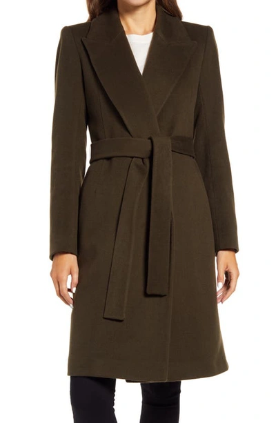 Shop Fleurette Peak Lapel Wool Wrap Coat In Moss