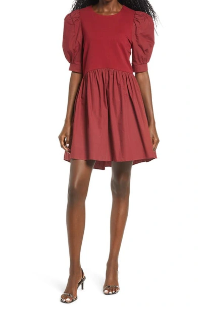 Shop English Factory Mixed Media Puff Sleeve Dress In Burgundy