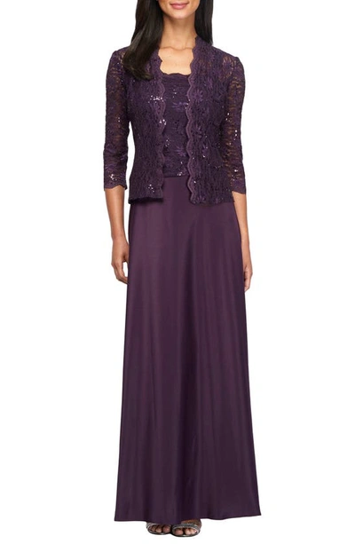 Shop Alex Evenings Sequin Lace & Satin Gown With Jacket In Eggplant