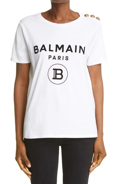 Shop Balmain Button Shoulder Logo Tee In Blanc/ Noir