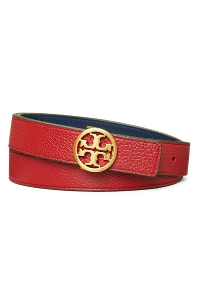 Shop Tory Burch Reversible Leather Belt In Redstone / Royal Navy / Gold