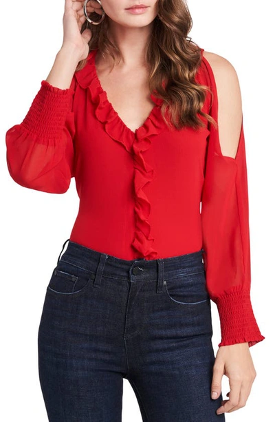 Shop 1.state 1. State Ruffle Cold Shoulder Top In Vibrant Red